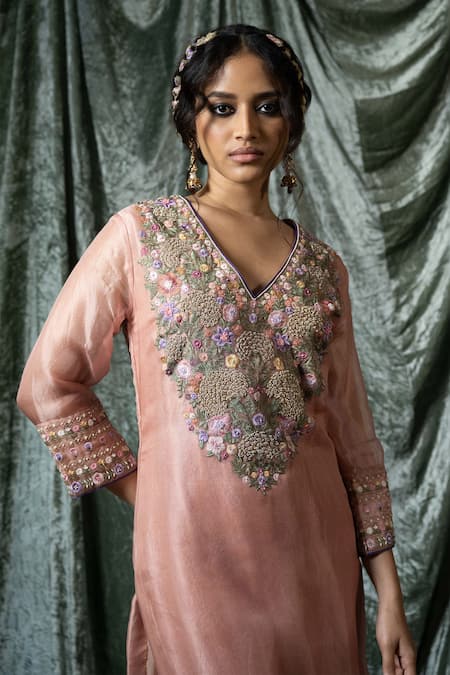 Nabo_Pink Silk Organza, Taffeta, Cotton Mirrors Genda Phool Embroidered Kurta Set _at_Aza_Fashions