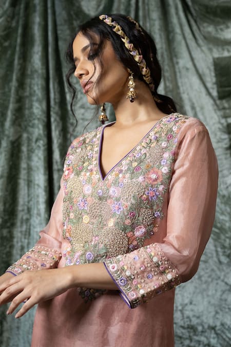 Buy_Nabo_Pink Silk Organza, Taffeta, Cotton Mirrors Genda Phool Embroidered Kurta Set 