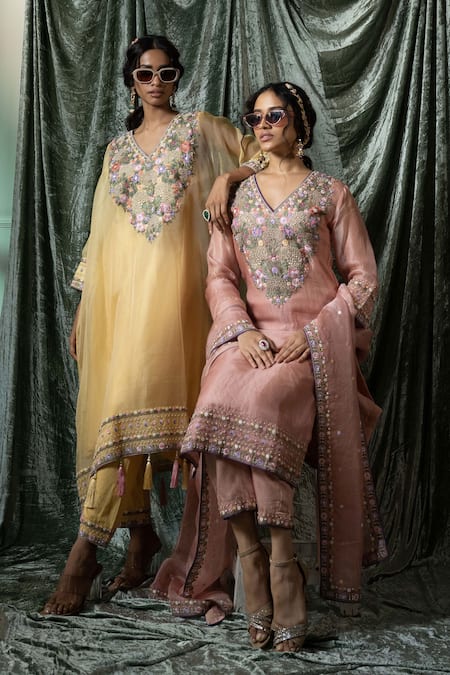 Shop_Nabo_Pink Silk Organza, Taffeta, Cotton Mirrors Genda Phool Embroidered Kurta Set 