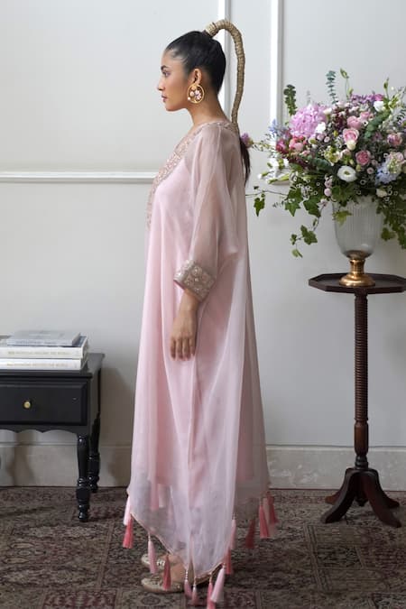 Nabo_Pink Silk Organza, Cotton Sequins V-neck Jaisalmer Embroidered Kaftan And Pant Set _Online_at_Aza_Fashions