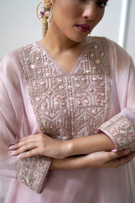 Buy_Nabo_Pink Silk Organza, Cotton Sequins V-neck Jaisalmer Embroidered Kaftan And Pant Set _Online_at_Aza_Fashions