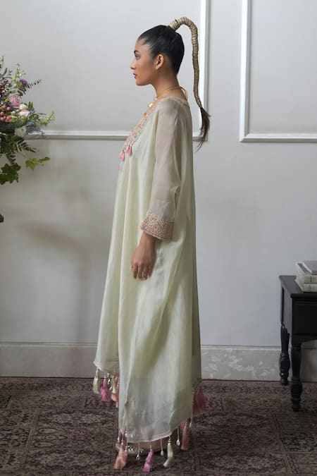Nabo_Green Silk Organza, Cotton Tassels V-neck Jaisalmer Embroidered Kaftan Set _Online_at_Aza_Fashions