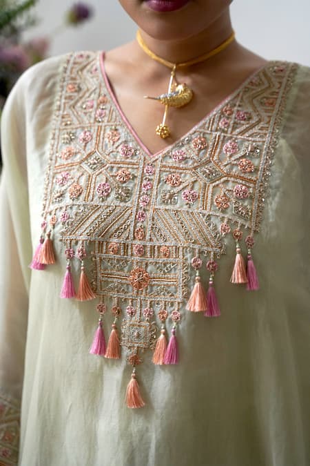 Buy_Nabo_Green Silk Organza, Cotton Tassels V-neck Jaisalmer Embroidered Kaftan Set _Online_at_Aza_Fashions