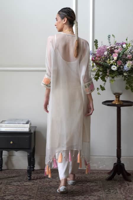 Shop_Nabo_Ivory Silk Organza, Cotton Tassels, Applique Keyhole Neck Floral Kaftan Set _at_Aza_Fashions