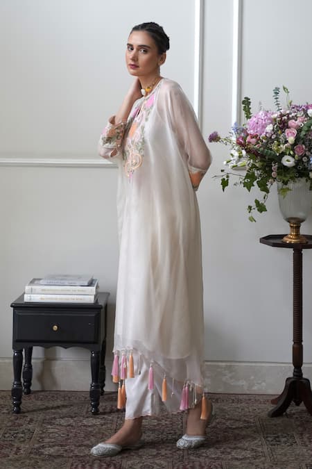 Buy_Nabo_Ivory Silk Organza, Cotton Tassels, Applique Keyhole Neck Floral Kaftan Set _Online_at_Aza_Fashions
