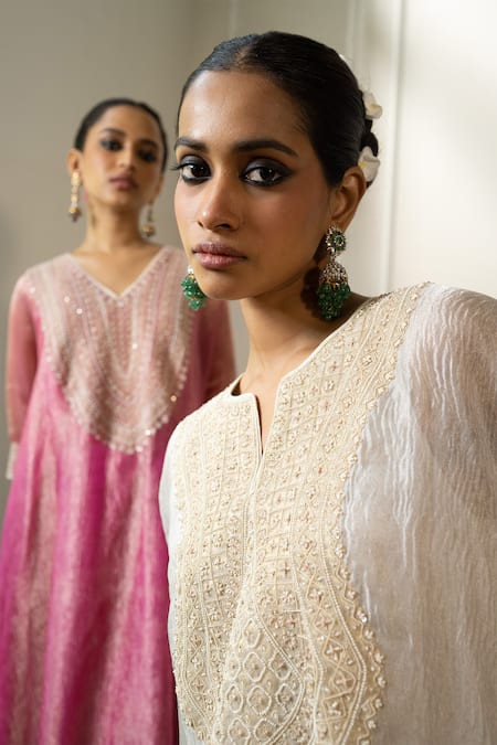 Buy_Nabo_Silver Crepe, Cotton Tassels Round Neck Basra Moti Embroidered Kaftan Set _Online_at_Aza_Fashions