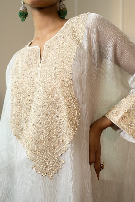 Shop_Nabo_Silver Crepe, Cotton Tassels Round Neck Basra Moti Embroidered Kaftan Set _Online_at_Aza_Fashions