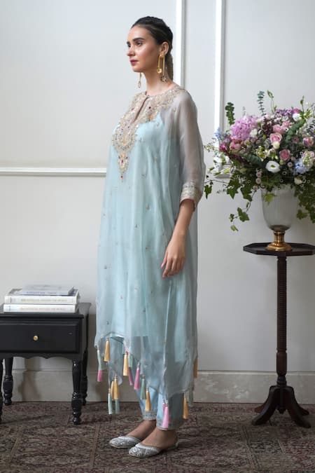 Nabo_Blue Silk Organza, Cotton Diamonds, Dori Embroidered Kaftan Set With Pant _Online_at_Aza_Fashions
