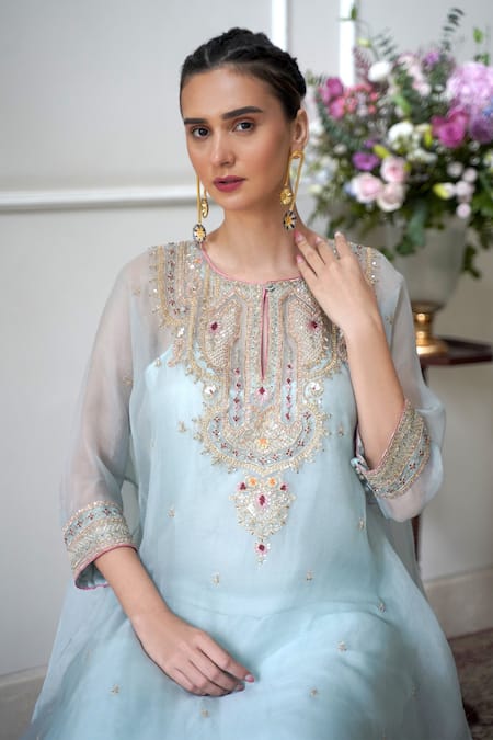 Buy_Nabo_Blue Silk Organza, Cotton Diamonds, Dori Embroidered Kaftan Set With Pant _Online_at_Aza_Fashions