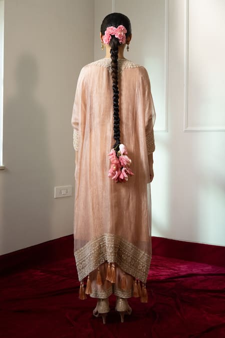 Shop_Nabo_Peach Crepe, Cotton Tassels Round Neck Dori Embroidered Kaftan And Pant Set _at_Aza_Fashions
