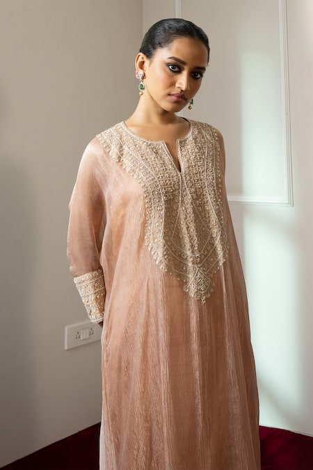 Nabo_Peach Crepe, Cotton Tassels Round Neck Dori Embroidered Kaftan And Pant Set _Online_at_Aza_Fashions