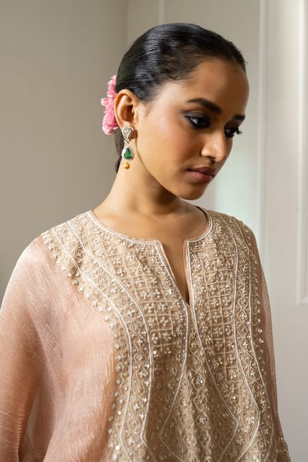 Buy_Nabo_Peach Crepe, Cotton Tassels Round Neck Dori Embroidered Kaftan And Pant Set _Online_at_Aza_Fashions