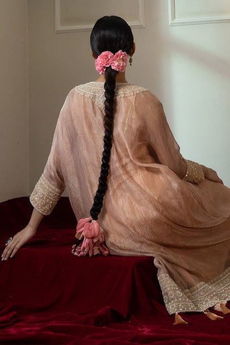 Shop_Nabo_Peach Crepe, Cotton Tassels Round Neck Dori Embroidered Kaftan And Pant Set _Online_at_Aza_Fashions
