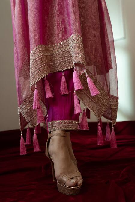 Shop_Nabo_Pink Crepe, Cotton Tassels V-neck Mughal Architecture Kaftan With Pant _Online_at_Aza_Fashions