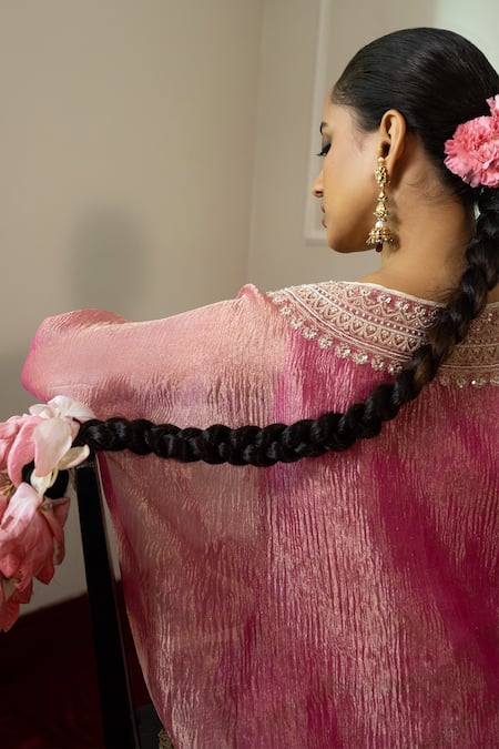 Nabo_Pink Crepe, Cotton Tassels V-neck Mughal Architecture Kaftan With Pant _at_Aza_Fashions