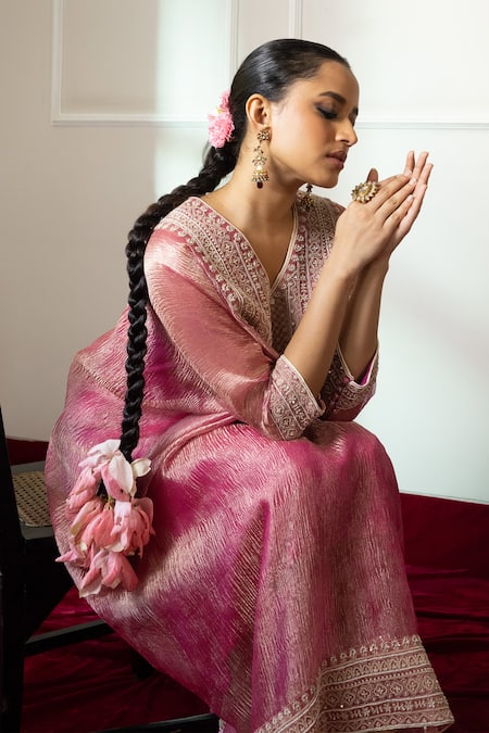 Buy_Nabo_Pink Crepe, Cotton Tassels V-neck Mughal Architecture Kaftan With Pant 