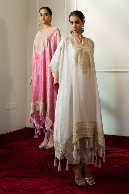 Shop_Nabo_Pink Crepe, Cotton Tassels V-neck Mughal Architecture Kaftan With Pant 
