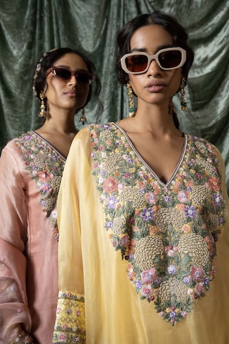 Nabo_Yellow Silk Organza, Cotton Embroidery V-neck Genda Phool Kaftan And Pant Set _Online_at_Aza_Fashions
