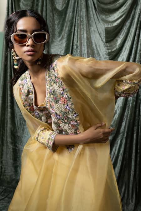 Nabo_Yellow Silk Organza, Cotton Embroidery V-neck Genda Phool Kaftan And Pant Set _at_Aza_Fashions