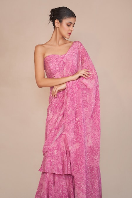 Ankita Dharman_Pink Crepe Sweetheart Neck Ash Rose Pre-draped Ruffle Saree And Blouse_Online_at_Aza_Fashions