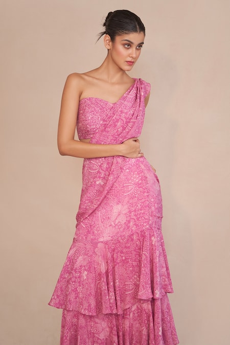 Buy_Ankita Dharman_Pink Crepe Sweetheart Neck Ash Rose Pre-draped Ruffle Saree And Blouse_Online_at_Aza_Fashions