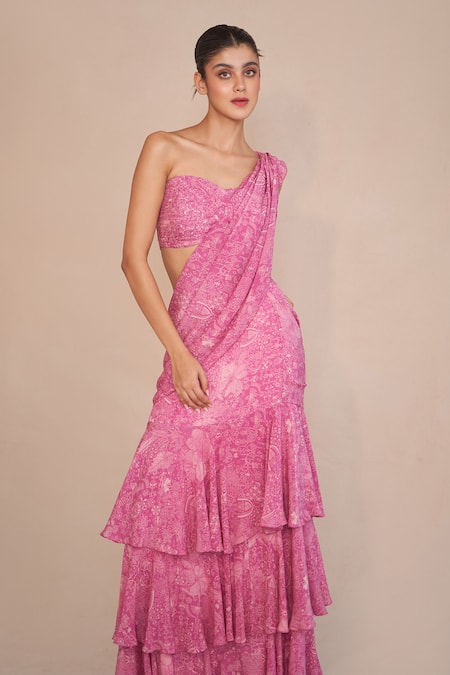 Shop_Ankita Dharman_Pink Crepe Sweetheart Neck Ash Rose Pre-draped Ruffle Saree And Blouse_Online_at_Aza_Fashions