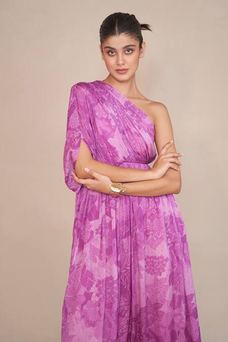 Ankita Dharman Purple One Shoulder Floral Print Asymmetric Maxi Dress Online at Aza Fashions Ankita Dharman_Purple One Shoulder Floral Print Asymmetric Maxi Dress _Online_at_Aza_Fashions