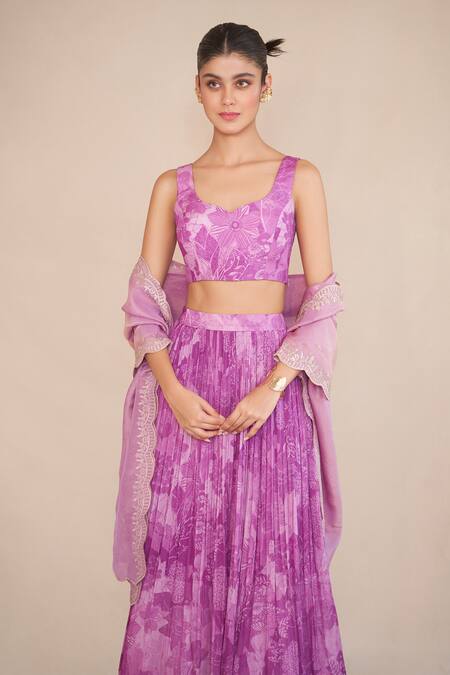 Buy_Ankita Dharman_Purple Lurex, Silk Organza Sequins, Embroidery, Zari Floral Print Lehenga Set _Online_at_Aza_Fashions