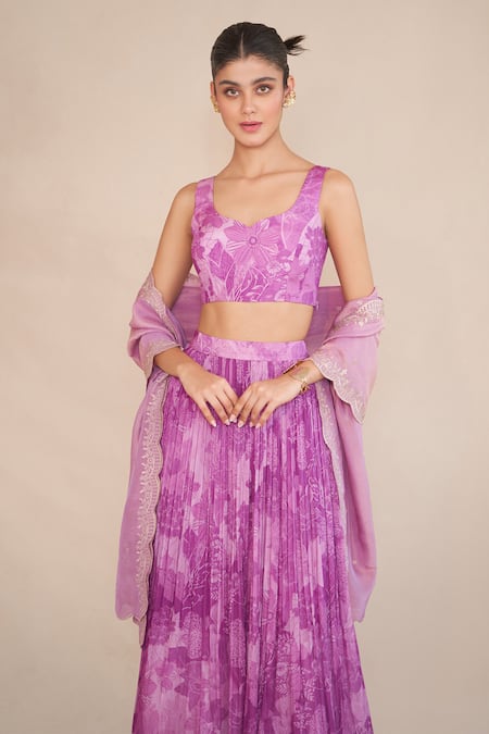 Shop_Ankita Dharman_Purple Lurex, Silk Organza Sequins, Embroidery, Zari Floral Print Lehenga Set _Online_at_Aza_Fashions