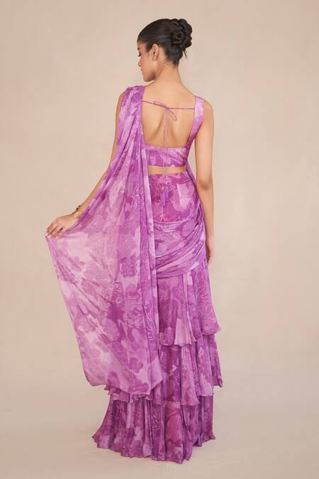 Ankita Dharman Purple Floral Pre-Draped Ruffle Saree Set 