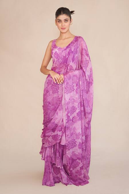 Ankita Dharman Purple Lurex, Cotton, Chiffon Asymmetric Floral Pre-draped Ruffle Saree Set Online at Aza Fashions Ankita Dharman_Purple Lurex, Cotton, Chiffon Asymmetric Floral Pre-draped Ruffle Saree Set _Online_at_Aza_Fashions