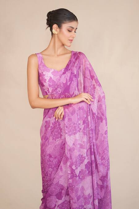 Buy Ankita Dharman Purple Lurex, Cotton, Chiffon Asymmetric Floral Pre-draped Ruffle Saree Set Online at Aza Fashions Buy_Ankita Dharman_Purple Lurex, Cotton, Chiffon Asymmetric Floral Pre-draped Ruffle Saree Set _Online_at_Aza_Fashions