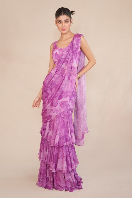 Shop Ankita Dharman Purple Lurex, Cotton, Chiffon Asymmetric Floral Pre-draped Ruffle Saree Set Online at Aza Fashions Shop_Ankita Dharman_Purple Lurex, Cotton, Chiffon Asymmetric Floral Pre-draped Ruffle Saree Set _Online_at_Aza_Fashions