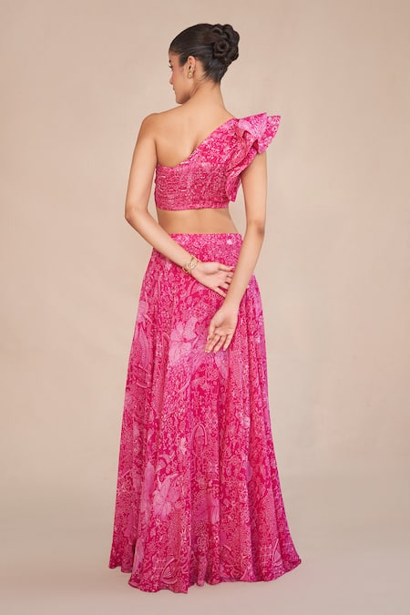 Ankita Dharman Floral Print Pink Lehenga & Ruffle Blouse 