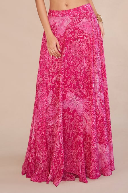 Ankita Dharman_Pink Crepe Embroidery Asymmetric Floral Print Lehenga And Ruffle Blouse _Online_at_Aza_Fashions