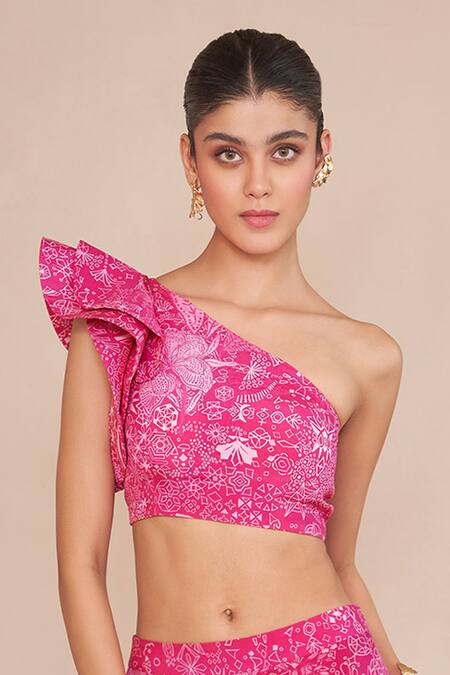 Buy_Ankita Dharman_Pink Crepe Embroidery Asymmetric Floral Print Lehenga And Ruffle Blouse _Online_at_Aza_Fashions