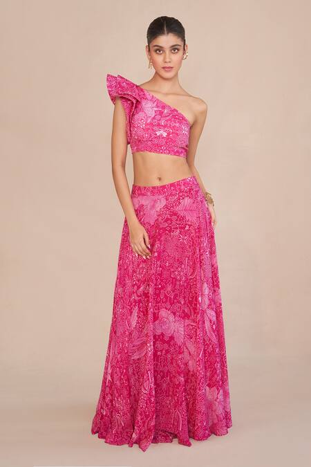 Shop_Ankita Dharman_Pink Crepe Embroidery Asymmetric Floral Print Lehenga And Ruffle Blouse _Online_at_Aza_Fashions