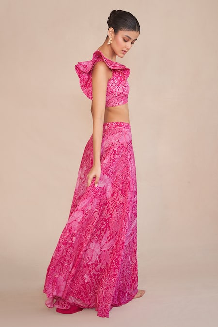 Ankita Dharman_Pink Crepe Embroidery Asymmetric Floral Print Lehenga And Ruffle Blouse _at_Aza_Fashions