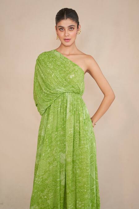 Ankita Dharman Green Georgette, Linen Asymmetric Leaf Floral Print One Shoulder Dress Online at Aza Fashions Ankita Dharman_Green Georgette, Linen Asymmetric Leaf Floral Print One Shoulder Dress _Online_at_Aza_Fashions