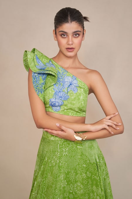 Ankita Dharman_Green Crepe Embroidery Asymmetric Floral Geometric Print Lehenga Set _Online_at_Aza_Fashions