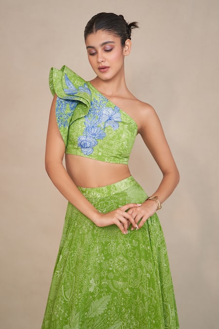 Buy_Ankita Dharman_Green Crepe Embroidery Asymmetric Floral Geometric Print Lehenga Set _Online_at_Aza_Fashions