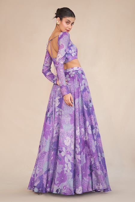 Shop_Ankita Dharman_Blue Lurex, Silk Organza, Muslin Embroidery, Floral Printed Lilac Lehenga Set _at_Aza_Fashions