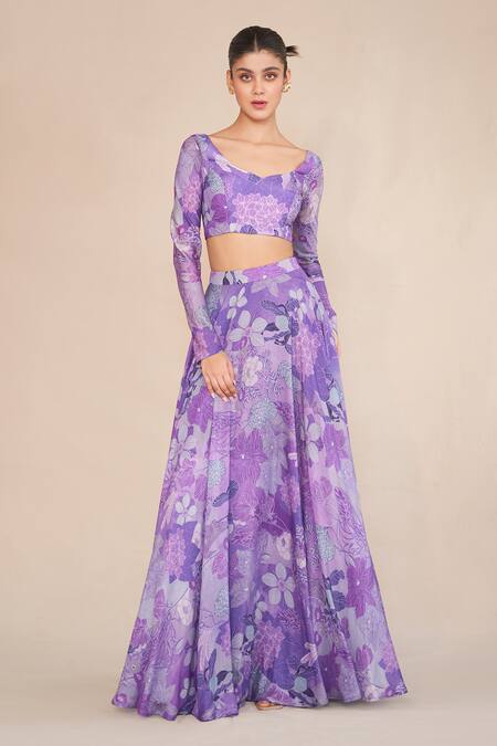 Ankita Dharman_Blue Lurex, Silk Organza, Muslin Embroidery, Floral Printed Lilac Lehenga Set _Online_at_Aza_Fashions