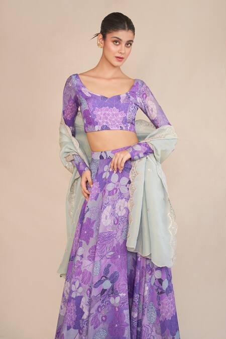 Buy_Ankita Dharman_Blue Lurex, Silk Organza, Muslin Embroidery, Floral Printed Lilac Lehenga Set _Online_at_Aza_Fashions