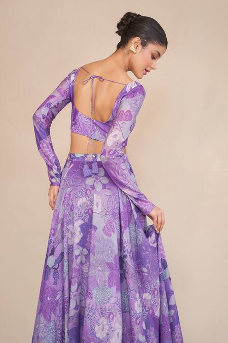 Shop_Ankita Dharman_Blue Lurex, Silk Organza, Muslin Embroidery, Floral Printed Lilac Lehenga Set _Online_at_Aza_Fashions