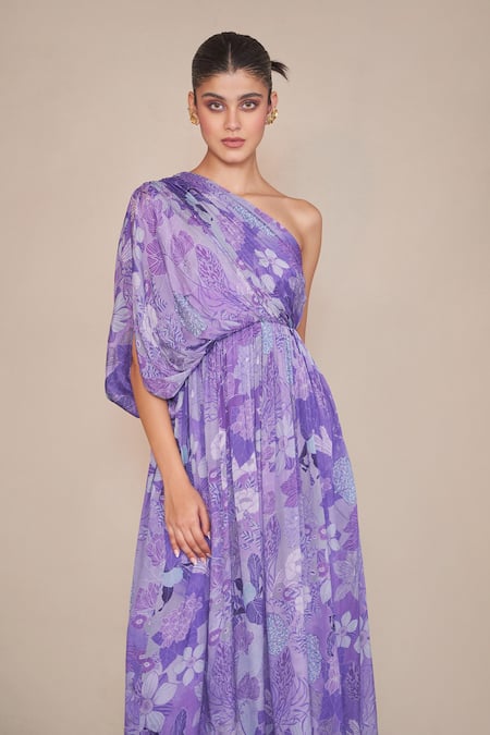 Ankita Dharman_Purple Chiffon Asymmetric Floral Print One Shoulder Maxi Dress _Online_at_Aza_Fashions