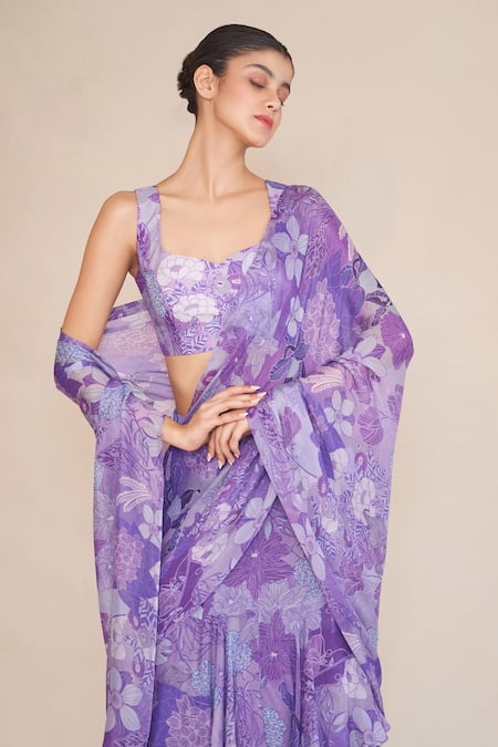 Ankita Dharman_Blue Lurex, Chiffon Sweetheart Neck Floral Print Pre-draped Ruffle Saree _Online_at_Aza_Fashions