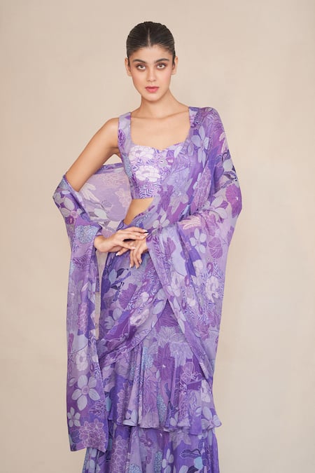 Buy_Ankita Dharman_Blue Lurex, Chiffon Sweetheart Neck Floral Print Pre-draped Ruffle Saree _Online_at_Aza_Fashions