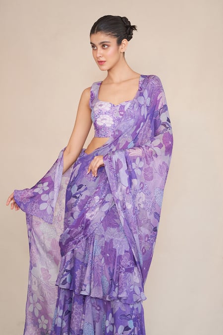 Shop_Ankita Dharman_Blue Lurex, Chiffon Sweetheart Neck Floral Print Pre-draped Ruffle Saree _Online_at_Aza_Fashions