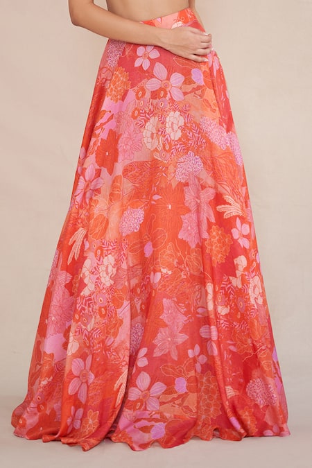 Ankita Dharman_Orange Silk Organza, Cotton, Lurex, Leatherette Floral Print Lehenga Set_Online_at_Aza_Fashions